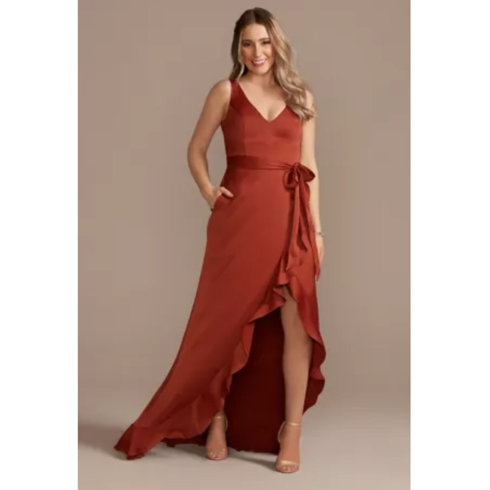 Crepe Satin Ruffle High-Low Bridesmaid Dress - Cinnamon
